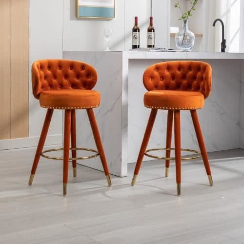 Barstol - Noname - 360° - Orange sammet - Set med 2 - Ben i massivt trä