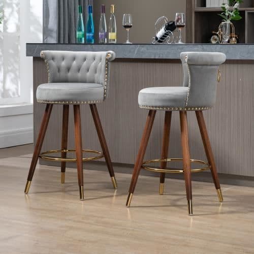 Barstol - Ej specificerad - 2PC-SET - Grå sammet - Träben - 360° rotation