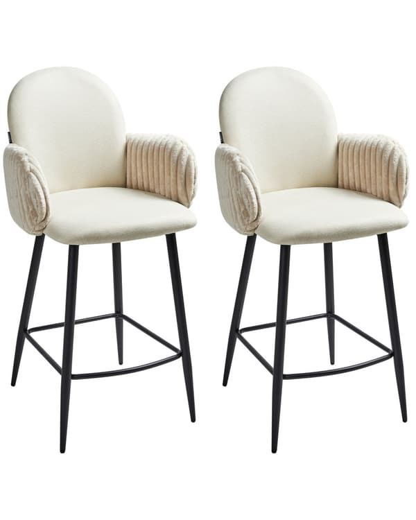 Sett med 2 Barstoler Lys Beige Stofftrekk med Fløyelsarmlener Retro Design