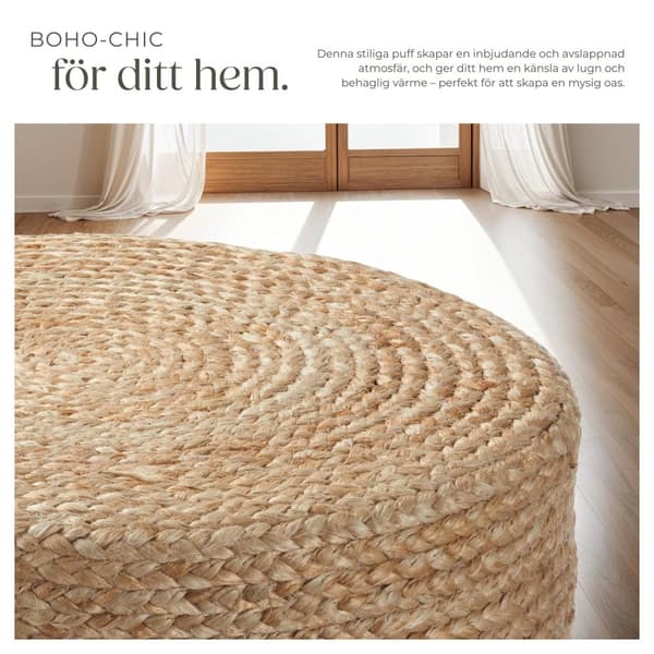 Handgjord rund sittpuff Banno Elipse i jute - beige