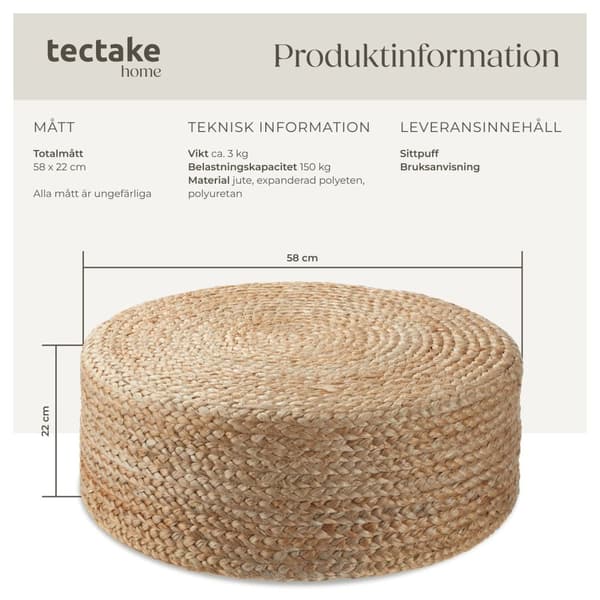 Handgjord rund sittpuff Banno Elipse i jute - beige
