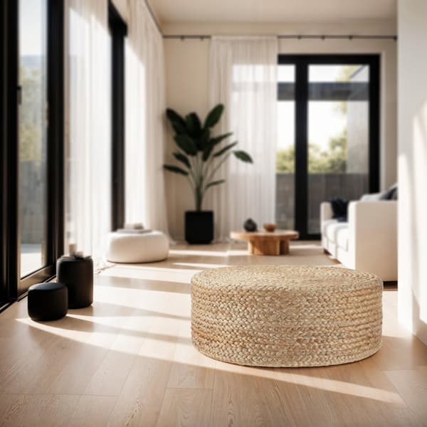 Handgjord rund sittpuff Banno Elipse i jute - beige
