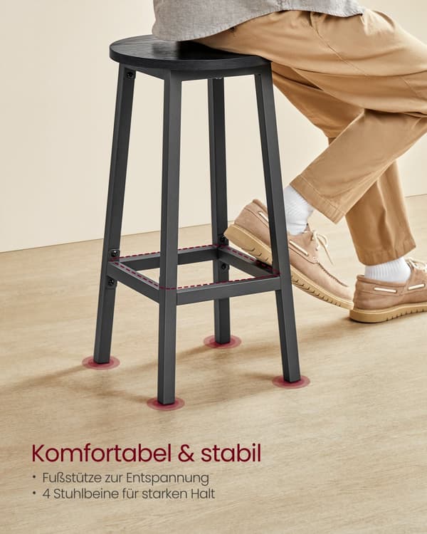 Baarituolit, 2 kpl, pyöreä, teräsrunko, korkeus 65 cm, helppo asennus, teollisuustyyli, eebenpuunmusta-klassikkomusta.