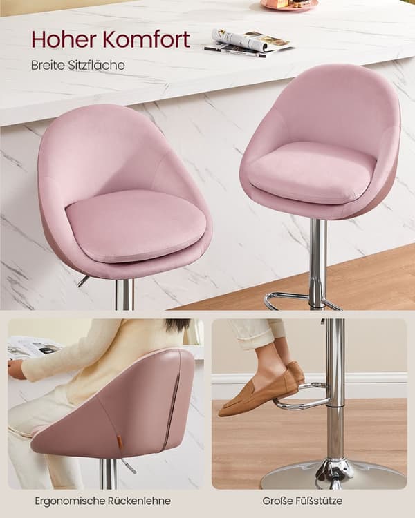 Barstol, LJB110W01, 52,5x50x(97,5-108,5) cm, Pastelrosa-Sølvgrå.
