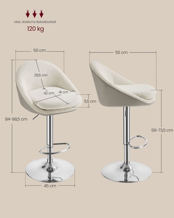 Barstolar, VASAGLE, set om 2, barstol, höjdjusterbar, 360° roterande, med ryggstöd, bas, fotstöd, stål, cremevit-silvergrå.