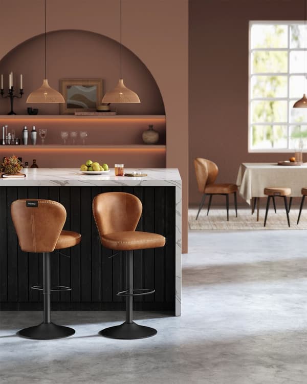 Barstol, 360° drejelig, højdejusterbar, sæt med 2, kunstlæder, Mid-Century-Modern-stil, blæksort.