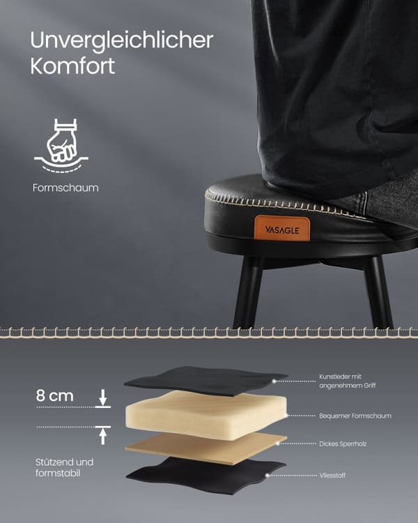 Barstolar, 360° roterbar, EKHO, 2-pack, Konstläder, Mid-Century-Modern-stil, 56 x 56 x 76 cm, Bläcksvart.