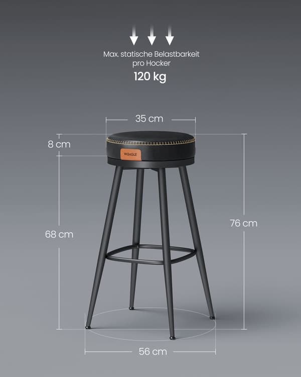 Barstolar, 360° roterbar, EKHO, 2-pack, Konstläder, Mid-Century-Modern-stil, 56 x 56 x 76 cm, Bläcksvart.