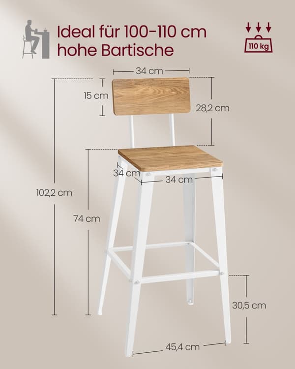 Barstol, VASAGLE set om 2, 45.4x45.4x102.2 cm, Vetebrun