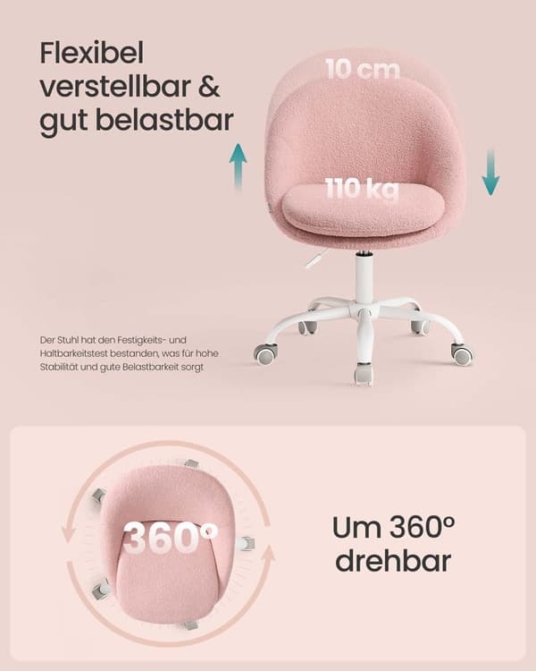 Hjemmekontorstol, SONGMICS OBG020G01, 60x60x(80-90) cm, Pastel Pink
