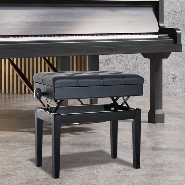 En pianobänk med förvaringsutrymme och höjdjustering, perfekt som sminkpall för musikälskare