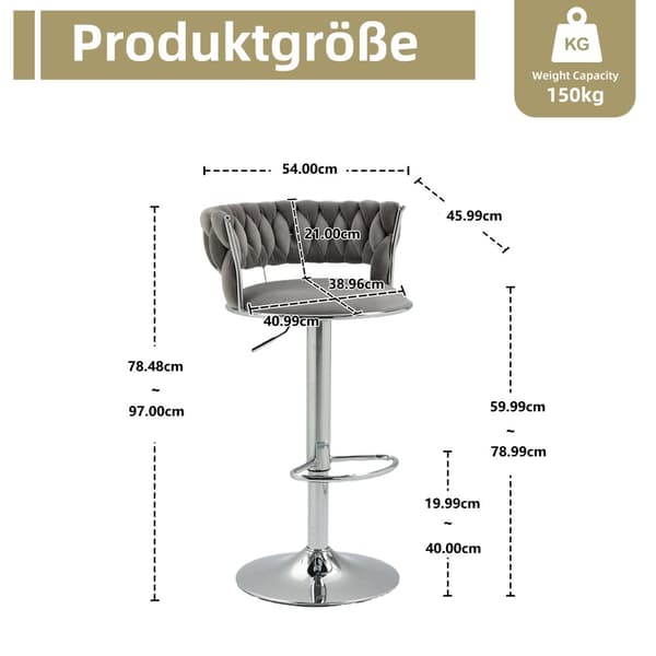 2-pack höj- och sänkbara barstolar med 360° snurrfunktion och fotstöd – moderna silverfärgade barpallar för kök, matsal, ö, bar, vinkällare