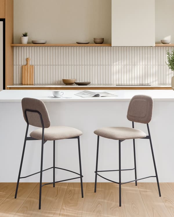 Sett med 2 Barstoler Taupe Imitert Lin Svart Jernramme Benkehøyde Sete Spisestuemøbler Moderne Design