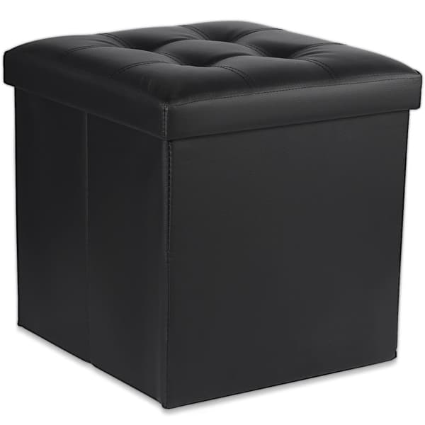 Hopfällbar puff L med knappar - 38x38x38cm, svart eko-läder