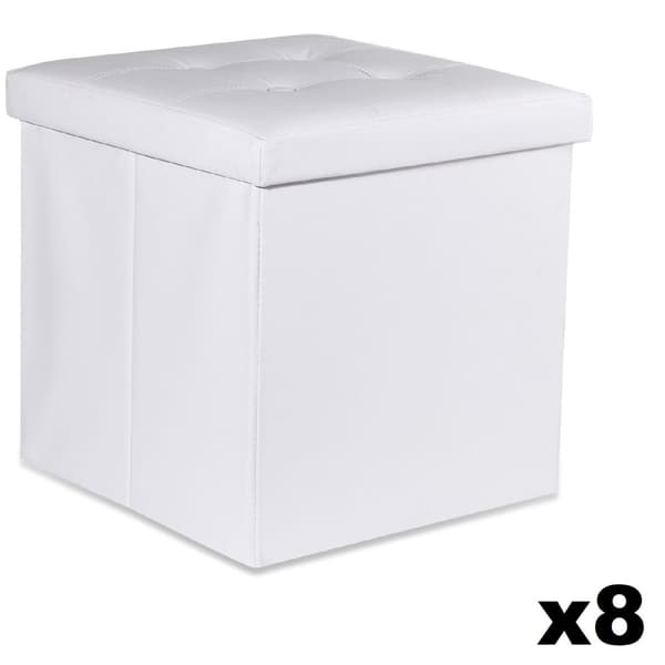 Hopfällbar puff L med knappar - 38x38x38cm vitt eko-läder x 8