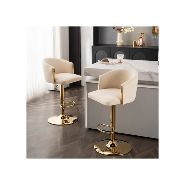 Modernt svängbart barstol med justerbar höjd, rak stol med ryggstöd och fotstöd i guld (beige, set om 2)