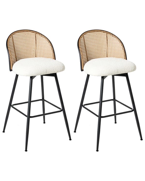 Sett med 2 Barstoler Off White Svingbart Boucle-sete Metall Svart Ramme Wienerflette Ryggstøtte Retro Seating