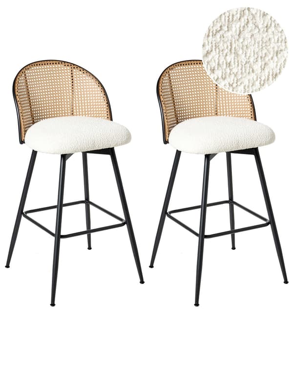 Sett med 2 Barstoler Off White Svingbart Boucle-sete Metall Svart Ramme Wienerflette Ryggstøtte Retro Seating
