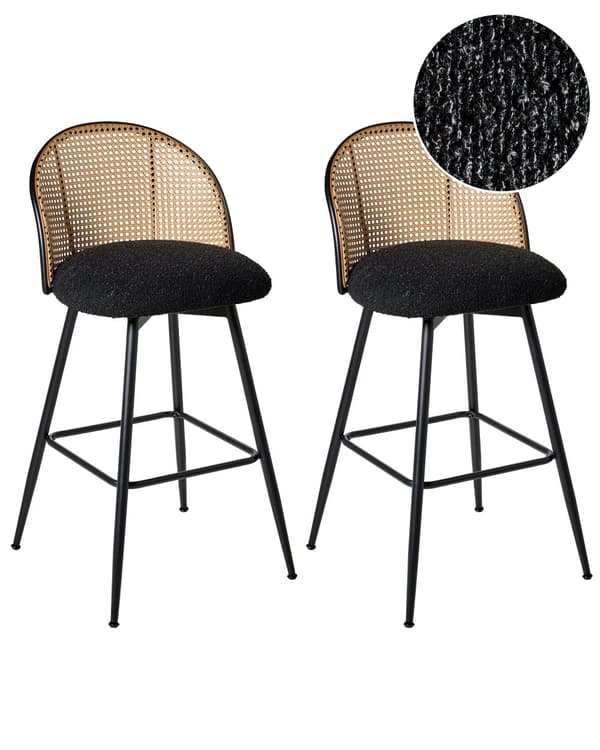 Sett med 2 Barstoler Svart Svingbart Boucle-sete Metall Svart Ramme Wienerflette Ryggstøtte Retro Seating