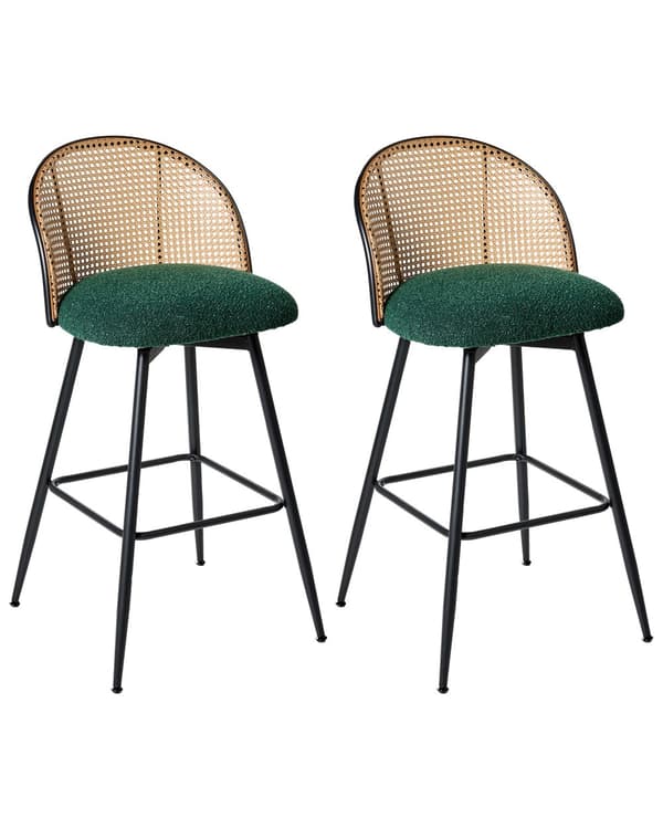 Sett med 2 Barstoler Grøne Svingbare Seter i Boucle Metall Svart Ramme Wienerflette Ryggstøtte Retro Seating