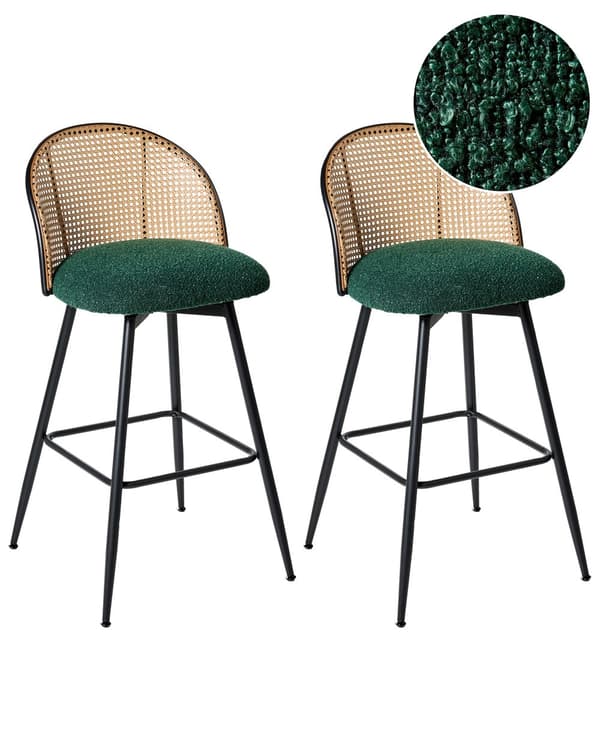 Sett med 2 Barstoler Grøne Svingbare Seter i Boucle Metall Svart Ramme Wienerflette Ryggstøtte Retro Seating