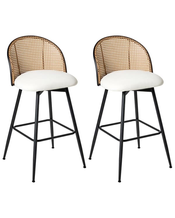 Sett med 2 Barstoler Hvite Svingbare Seter i Kunstskinn Metall Svart Ramme Wienerflette Ryggstøtte Retro Seating