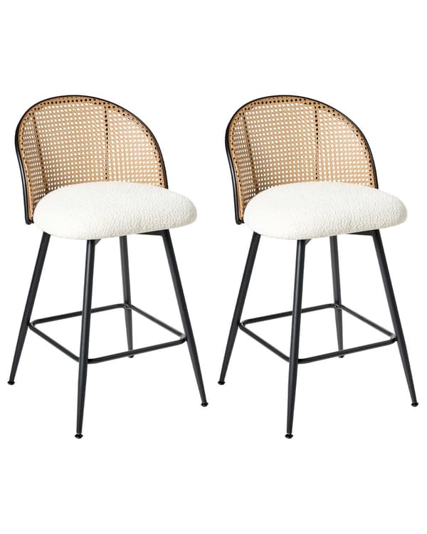 Sett med 2 Barstoler Off-White Svingbare Seter i Boucle Metall Svart Ramme Wienerflette Ryggstøtte Retro Seating