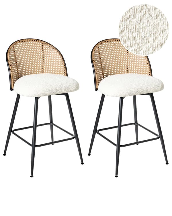 Sett med 2 Barstoler Off-White Svingbare Seter i Boucle Metall Svart Ramme Wienerflette Ryggstøtte Retro Seating