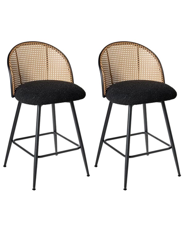 Sett med 2 Barstoler Svarte Svingbare Seter i Boucle Metall Svart Ramme Wienerflette Ryggstøtte Retro Seating