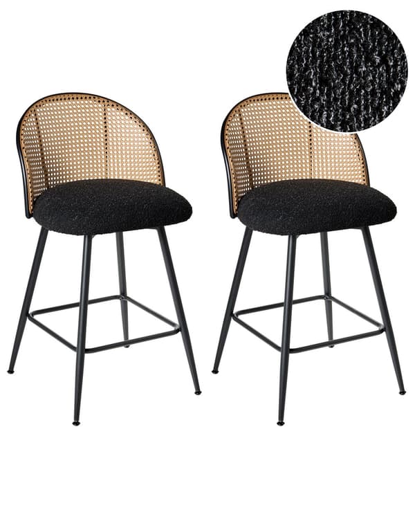 Sett med 2 Barstoler Svarte Svingbare Seter i Boucle Metall Svart Ramme Wienerflette Ryggstøtte Retro Seating