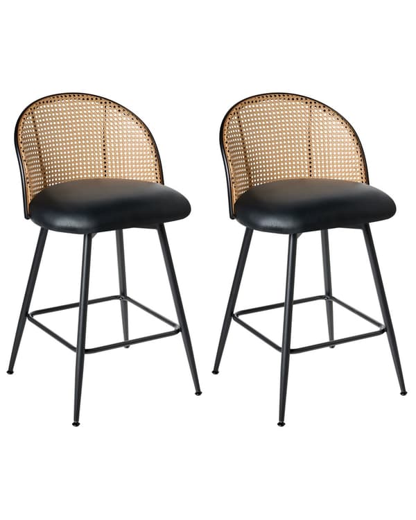 Sett med 2 Barstoler Svarte Svingbare Seter i Kunstskinn Metall Svart Ramme Wienerflette Ryggstøtte Retro Seating