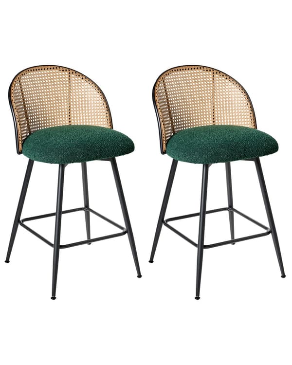 Sett med 2 Barstoler Grøne Svingbare Seter i Boucle Metall Svart Ramme Wienerflette Ryggstøtte Retro Seating