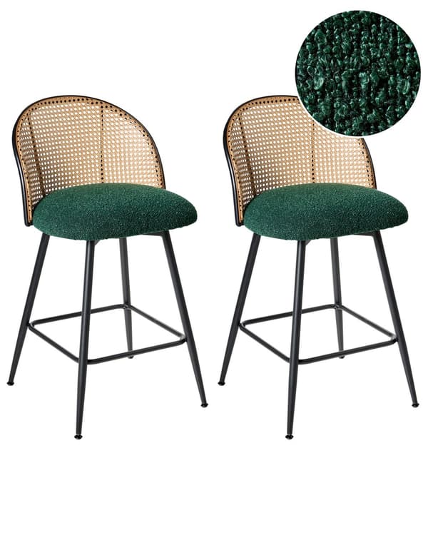 Sett med 2 Barstoler Grøne Svingbare Seter i Boucle Metall Svart Ramme Wienerflette Ryggstøtte Retro Seating