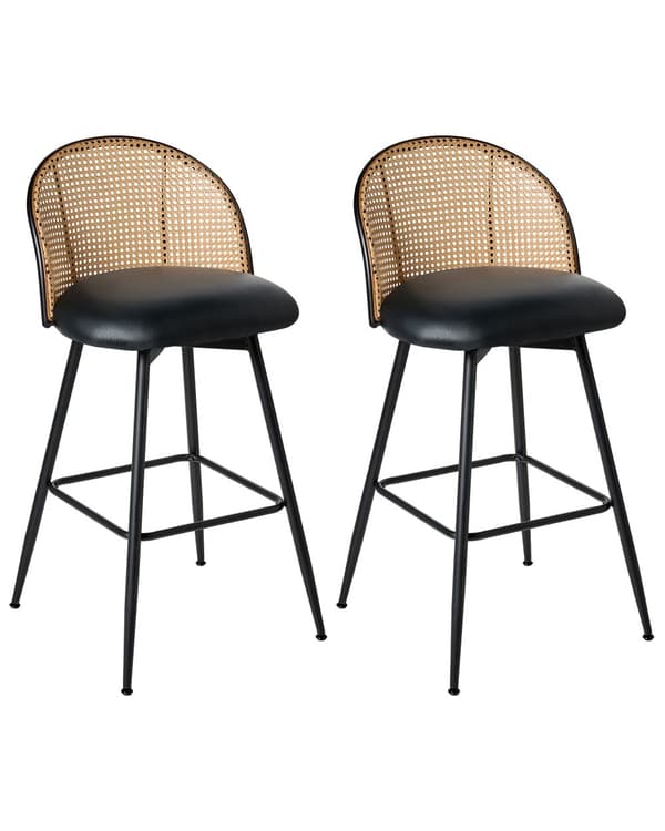 Sett med 2 Barstoler Svarte Svingbare Seter i Kunstskinn Metall Svart Ramme Wienerflette Ryggstøtte Retro Seating