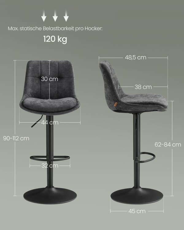 Rootz Bar -tuolit - Korkeussäädettävät jakkarat - liuskekivi harmaat korkea tuolit - mukava selkänoja ja jalkatuki - 43x48,5x (93,5-114) cm