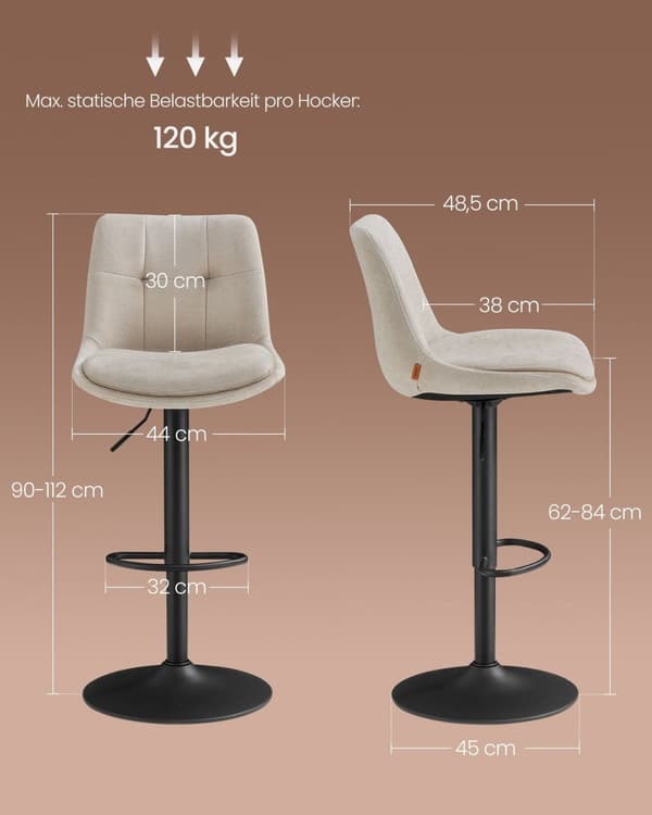 Rootzin korkeus Säädettävät tangon tuolit - laskuri - vanerien istuimet - ergonominen mukavuus - 43x48,5x (93,5-114) cm - kermavalkoinen