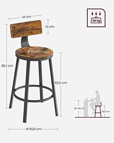 Barstolar, köksstolar, set med 2 höga barstolar med ryggstöd, stålram, sitthöjd 62,5 cm, enkel att montera