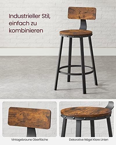 Barstolar, köksstolar, set med 2 höga barstolar med ryggstöd, stålram, sitthöjd 62,5 cm, enkel att montera