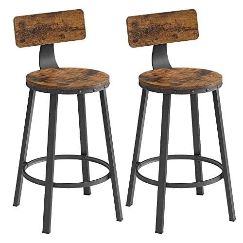 Barstolar, köksstolar, set med 2 höga barstolar med ryggstöd, stålram, sitthöjd 62,5 cm, enkel att montera