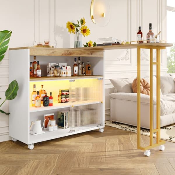 Utdragbar bar med förvaring, modern eventbar, vit (138-204×39×105cm)
