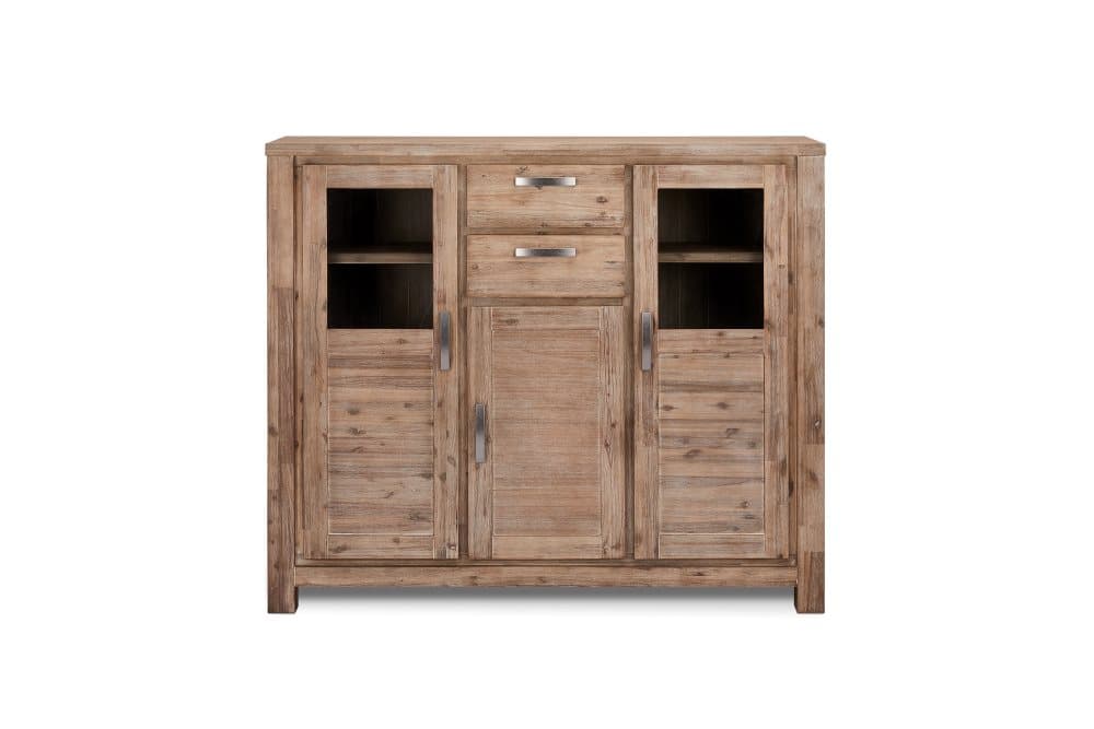 Alana vitrinskåp med 3 dörrar och 2 lådor, brunbetsad akacia. Levereras monterat.