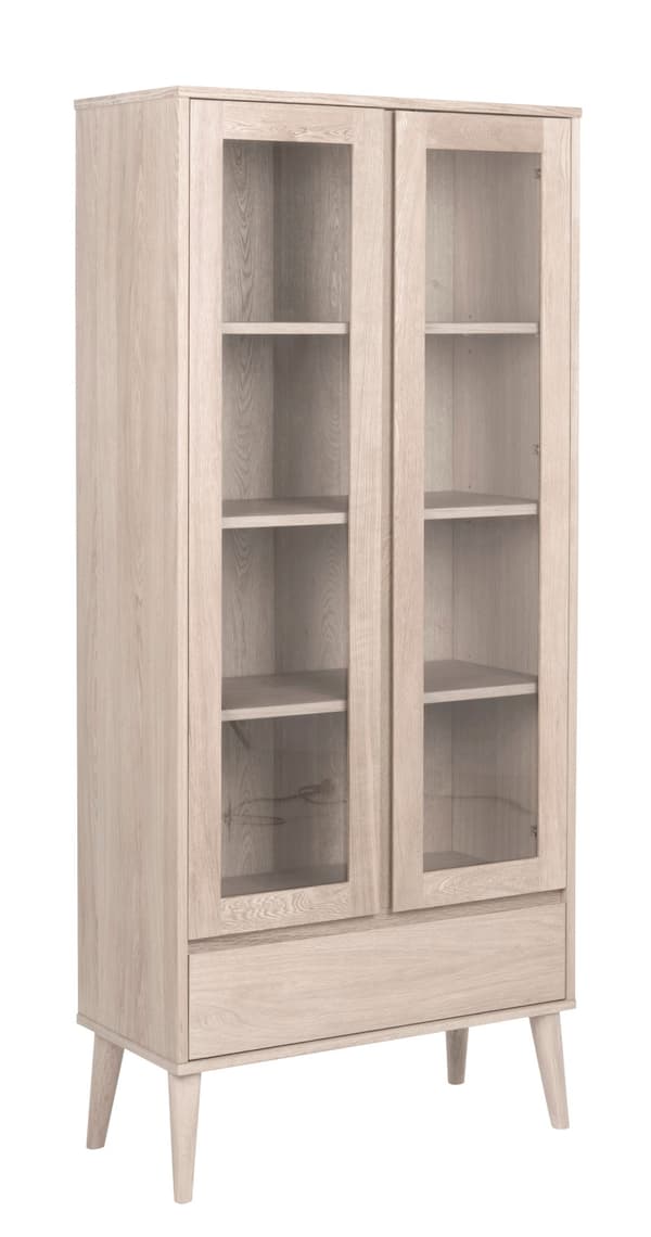 Naila vitrine med 2 glaslåger og 1 skuffe i ege finer og massiv hvidpigmenteret olieret eg.