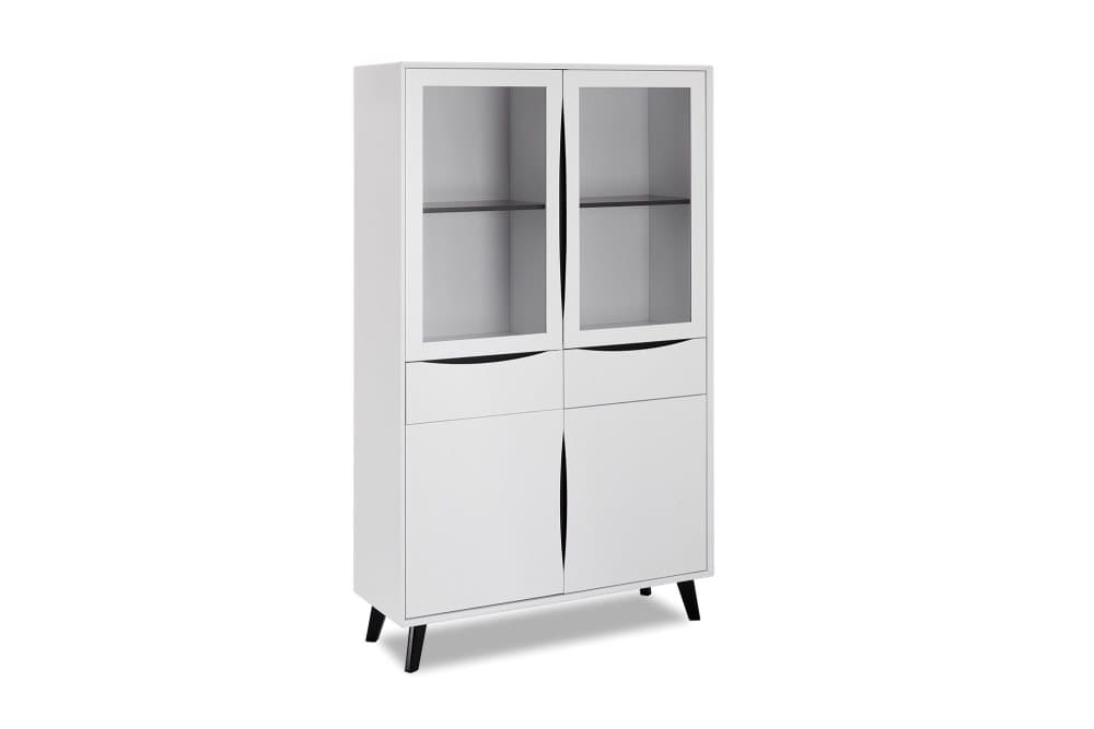 Lynda vitrinskåp 2 glasdörrar, 2 dörrar, 2 lådor vit, svart.