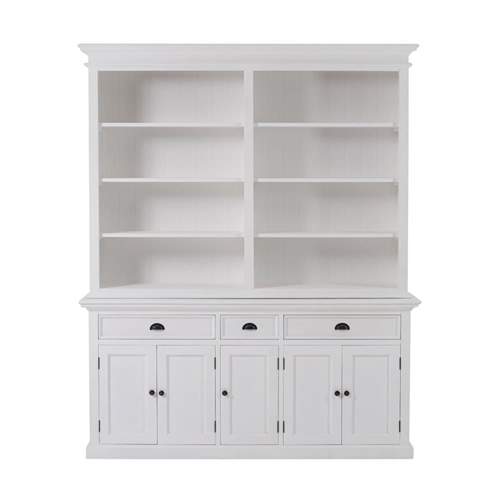 Halifax vitrinskåp med 6 hyllor, 5 dörrar och 3 lådor, vit.