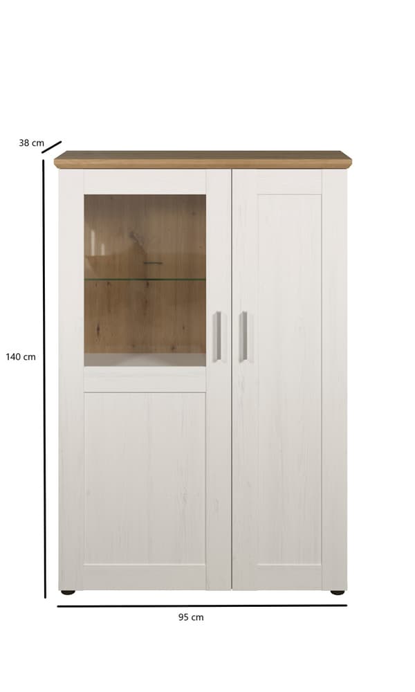 Shade Vitrineskab 95 x 140 cm 2 låger Pine hvid dekor, egetræ dekor.