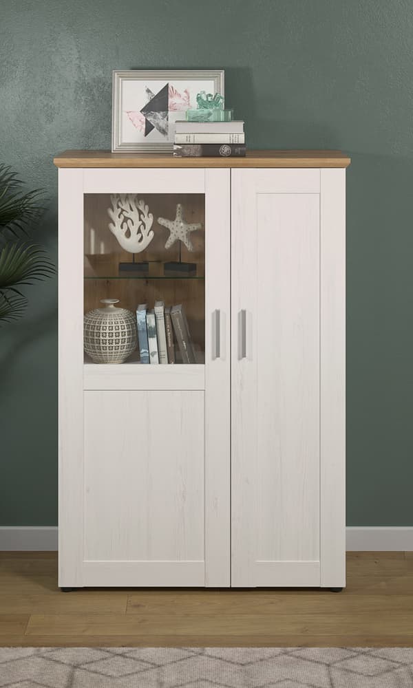 Shade Vitrineskab 95 x 140 cm 2 låger Pine hvid dekor, egetræ dekor.
