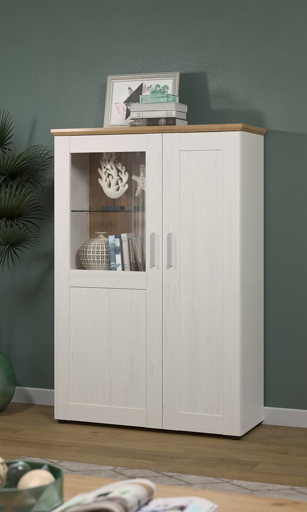 Shade Vitrineskab 95 x 140 cm 2 låger Pine hvid dekor, egetræ dekor.