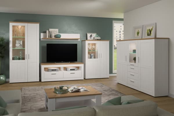 Shade Vitrineskab 95 x 140 cm 2 låger Pine hvid dekor, egetræ dekor.