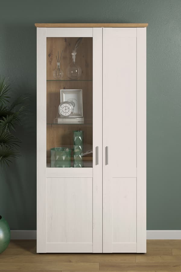 Shade Vitrineskab 95 x 194 cm 2 låger Pine hvid dekor, eg dekor.