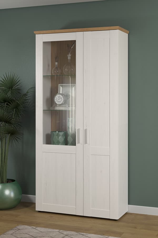 Shade Vitrineskab 95 x 194 cm 2 låger Pine hvid dekor, eg dekor.